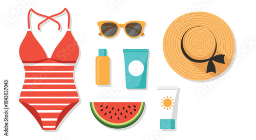 Animated flat lay of essential summer beach accessories, including a swimsuit, hat, sunglasses, sunscreen, and a slice of watermelon.