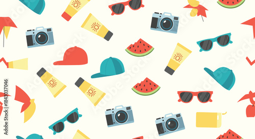 Fun animated seamless pattern with summer vacation essentials like cameras, sunglasses, and sunscreen on a light, cheerful background.