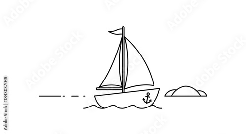 Minimalist black and white line art animation of a sailboat gliding on the water, symbolizing travel, journey, and serene sea adventures.