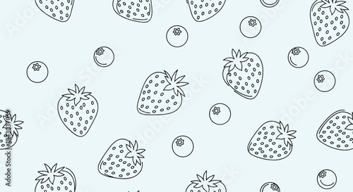 Seamless animated pattern of hand-drawn strawberries and blueberries on a light blue background, a cute and healthy berry fruit design.