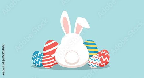 Cute animation of a white Easter bunny seen from behind, sitting among colorful decorated Easter eggs on a pastel blue background.