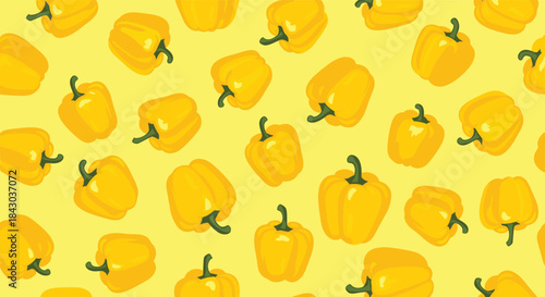 Seamless repeating pattern of vibrant yellow bell peppers scattered on a matching yellow background for a fresh food-themed design.