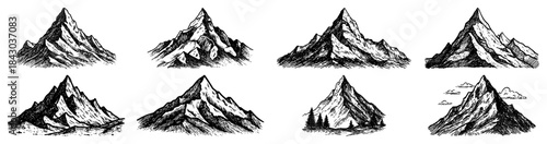 Set of hand drawn mountain peaks Vintage sketch of mountains for outdoor adventure and hiking logos Vector rock and nature illustration