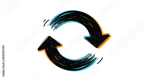 Hand-drawn reload or refresh symbol with two circular arrows in a sketchy, grunge style with blue and orange color accents.