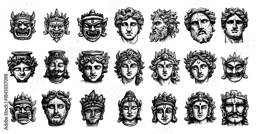 Big collection of mythological heads from around the world Ancient Greek Roman and Asian gods and demons Hand drawn vector sketch illustration