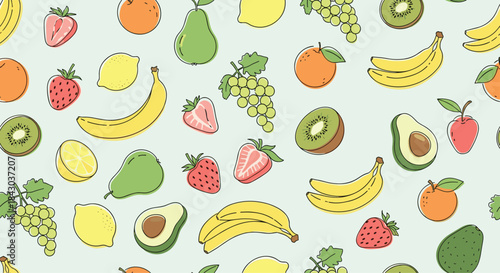 Seamless pattern of hand-drawn doodle fruits, including bananas, strawberries, avocados, and lemons, on a light blue background.