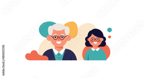 Modern flat design illustration of a happy and healthy elderly couple, a man and woman, smiling against colorful abstract shapes.