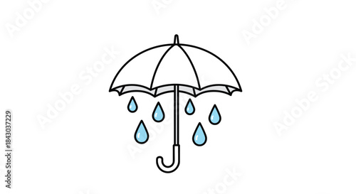 Simple icon of an open umbrella with blue raindrops falling from it, representing rain, weather, or protection from a storm.