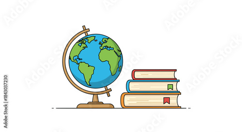 Educational concept illustration of a world globe standing next to a stack of three colorful hardcover books on a white background.