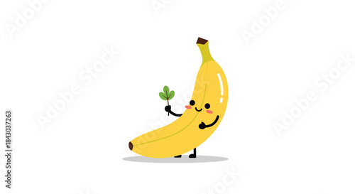 Adorable and happy cartoon banana character standing with a smile and holding a small green leaf, isolated on a white background.