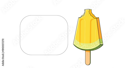 A yellow and green melon-flavored popsicle or ice lolly with a bite taken out, shown next to a blank space for text or logo.