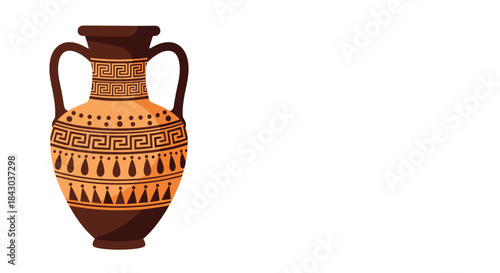Detailed illustration of an ancient Greek amphora or pottery vase with two handles and traditional geometric meander patterns.