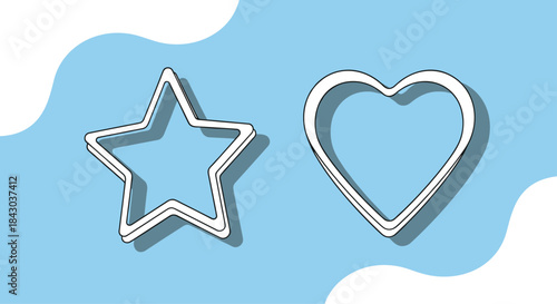 Simple animation of a star and a heart shape outline with drop shadows appearing on a light blue background with a white wave design.