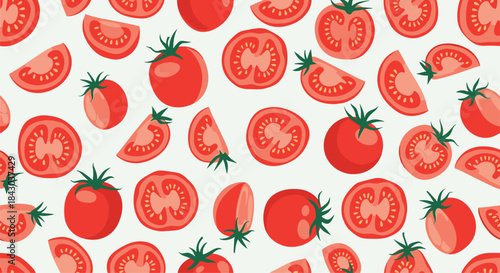 Animated seamless pattern with whole red tomatoes and sliced wedges moving across the screen, creating a fresh and healthy food background.