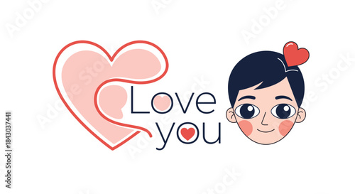 Cute animated 'Love you' message with a stylized heart and a cartoon boy's face, a sweet greeting for Valentine's Day or romance.