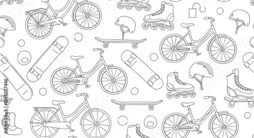 Seamless black and white line art animation featuring bicycles, skateboards, and roller skates for an active, urban sports-themed background.