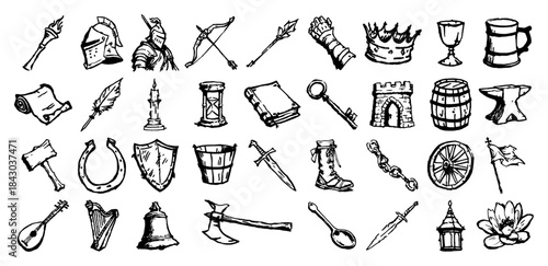 Set of medieval and fantasy doodle vector icons hand drawn RPG game sketch illustration collection