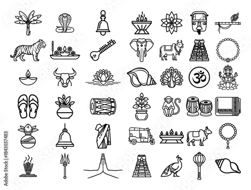 India and Hinduism culture vector line icon set collection of traditional indian symbols