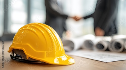 Yellow hard hat on wooden table with architectural blueprints, construction site safety helmet, engineers shaking hands in blurred background