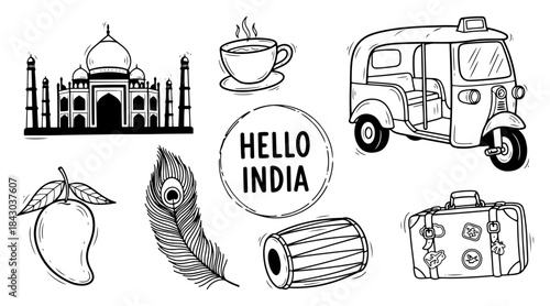 Collection of hand drawn icons representing India Set of doodle illustrations with Taj Mahal auto rickshaw and cultural symbols