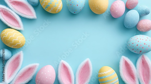 Easter bunny ears and colorful painted eggs frame, pastel spring holiday background, festive flat lay with copy space for seasonal greeting