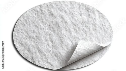Textured white paper sticker with curled corner, round adhesive label mockup, blank circular parchment tag with realistic shadow on white background