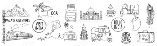 Seamless banner with hand drawn India travel icons Doodle pattern with Indian cultural symbols for tourism and vacation design