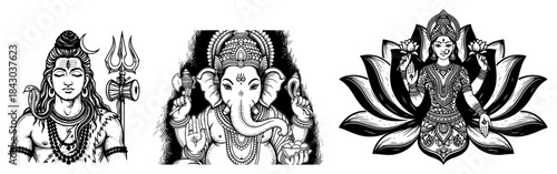 Hindu Gods and Goddesses Vintage Illustrations Set Shiva Ganesha Lakshmi