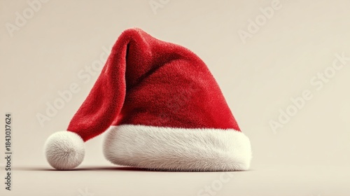 Red velvet Santa hat with white fur trim, classic Christmas headwear on neutral background, festive holiday accessory for winter celebrations