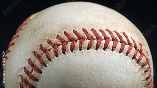 Vintage baseball close up with red stitching, worn leather texture on old sports ball, professional athletic equipment for competition