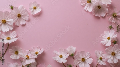 Delicate white cosmos flowers on pink background, floral frame with copy space, elegant spring blossom flat lay for wedding invitation or greeting card