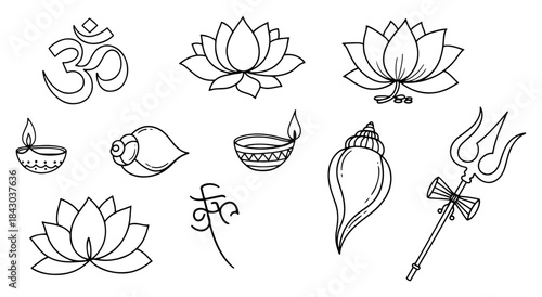 Hindu Religious Symbols Doodle Set Om Lotus Diya Trishula Icons