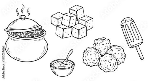 Set of Indian food and sweets vector doodle illustration traditional cuisine collection