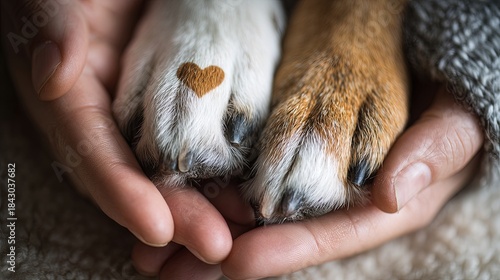 Human hands gently cradling two dog paws, one with a heart symbol