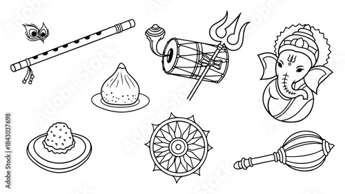 Set of Hindu religious icons for Puja festivals Hand drawn symbols of Ganesha Krishna and Shiva Vector outline illustration