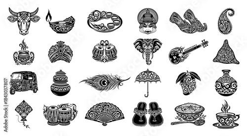 Set of decorative Indian culture vector icons with ornamental paisley patterns traditional symbols
