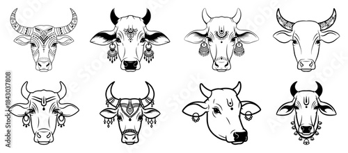 Set of sacred Indian cow and bull heads Collection of holy Hindu animal symbols with traditional decoration Vector illustration