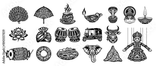 Big collection of vintage Indian cultural icons Set of traditional symbols of India in detailed monochrome style Vector illustration