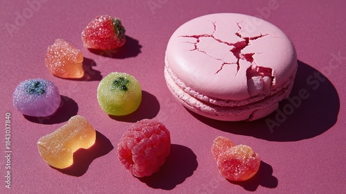 Cracked pink macaron with assorted sugar fruit candies on magenta
