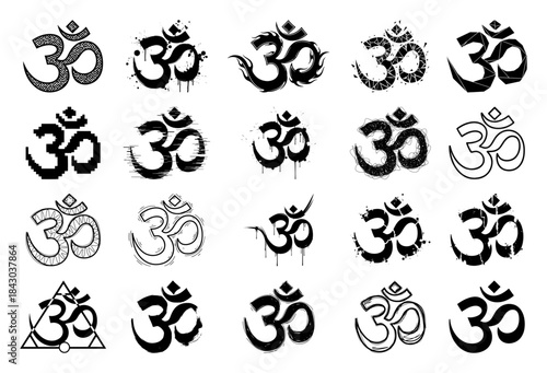 Om Aum Symbol Grunge and Sketch Icon Set Hindu Spiritual Symbols Collection