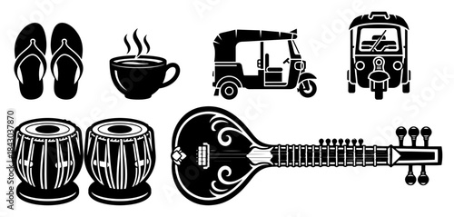 Set of Indian cultural icons in silhouette style Vector glyph collection with sitar tabla drums and auto rickshaw