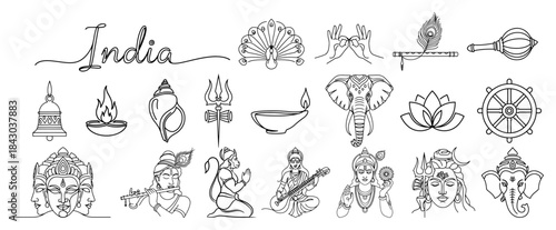 India Culture and Religion Line Art Doodle Set Hindu Gods and Spiritual Symbols