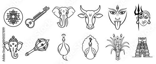 Hinduism Religious and Cultural Line Art Icon Set Indian Spiritual Symbols