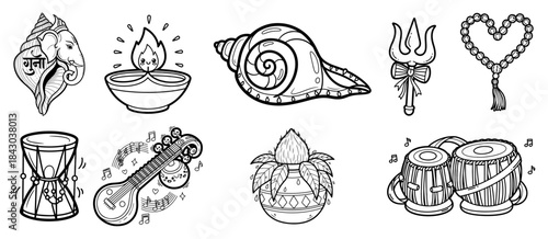Hindu Puja Items Doodle Set Indian Religious and Cultural Symbols