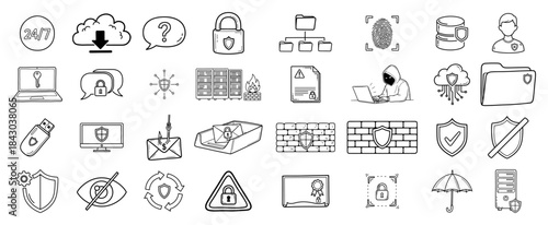 Cybersecurity and data protection vector doodle icon set hand drawn internet security symbols collection