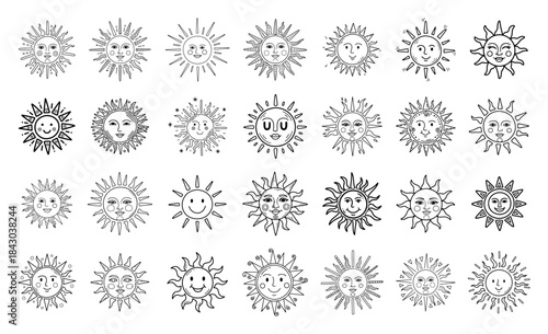 Cute Sun Face Doodle Icon Set Hand Drawn Sunshine and Summer Symbols