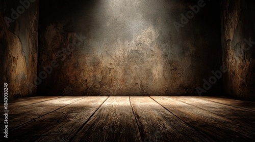 Rustic wooden floor and textured wall illuminated by dramatic light