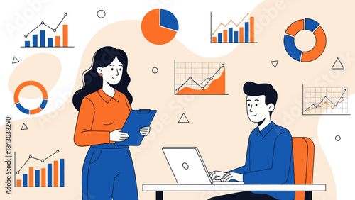 Modern business teamwork concept with professionals analyzing data charts, graphs, and reports. Ideal for themes like analytics, collaboration, and office productivity.