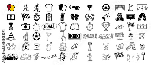 Large set of football and soccer vector doodle icons hand drawn sport equipment and symbols collection