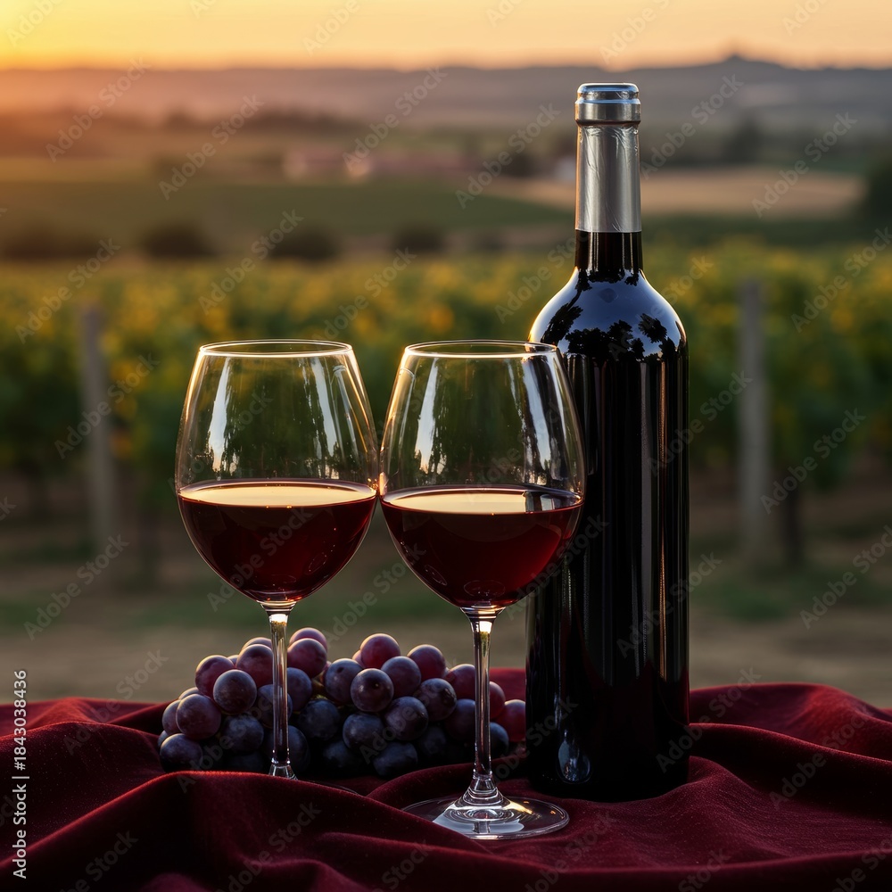 Fototapeta premium Red wine pours at sunset in a vineyard